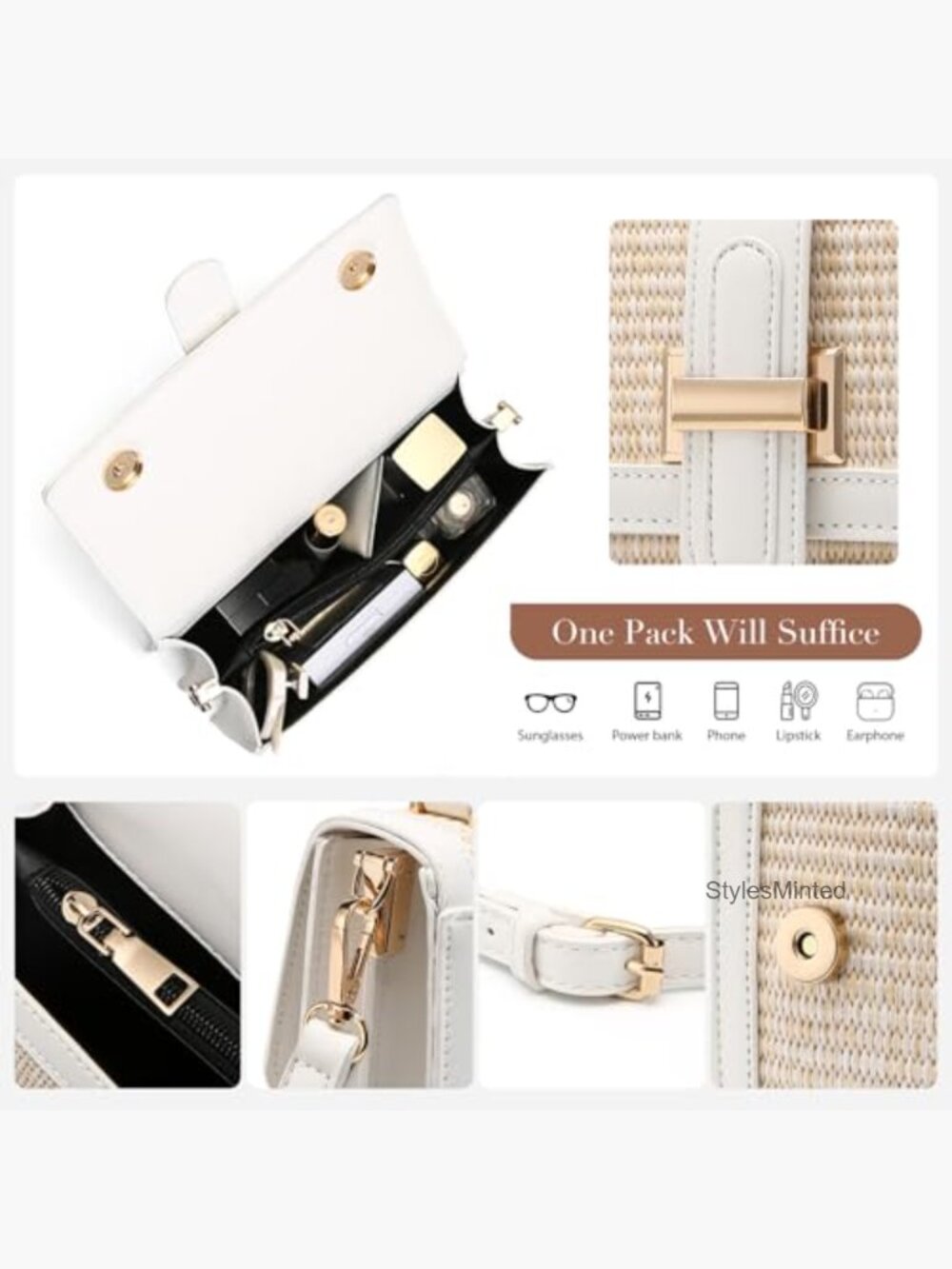 Small Straw Crossbody Bag with Top Handle Woven Patchwork Purse Wedding Beach - Picture 3 of 5